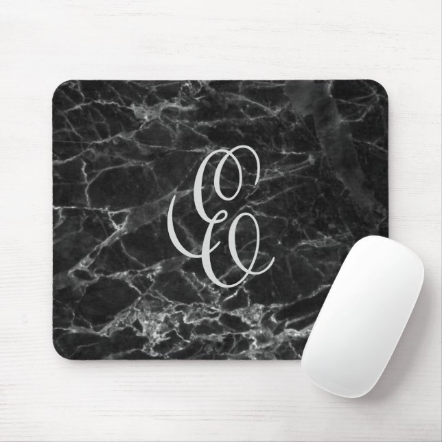 Mousepad Tapete de Mouse de Mármore Preto com Inicial Perso (Com mouse)