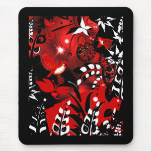 Mousepad Tapete de Mouse Floral Asiático Pássaros Vermelhos