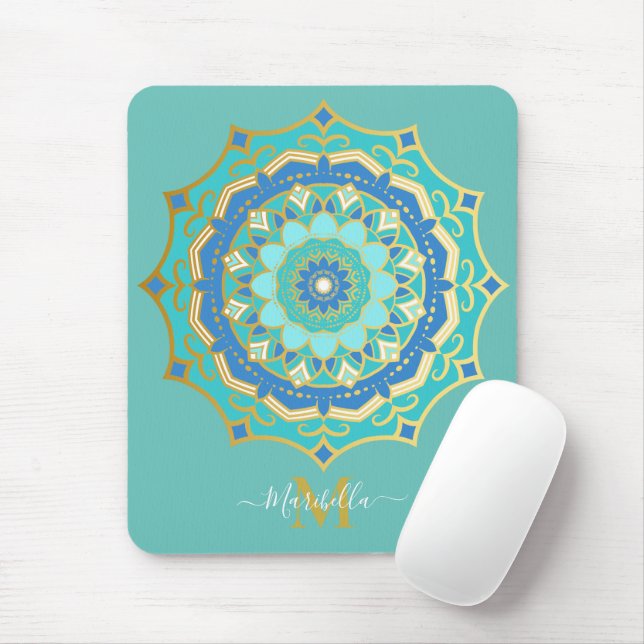 Mousepad Tapete de Mouse Mandala Boho Azul Turquesa Dourado (Com mouse)