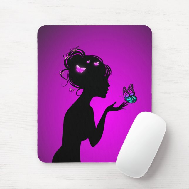Mousepad Tapete De Rato A mulher borboletas roxas (Com mouse)