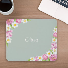 Mousepad Tapete de Rato Floral Tulipas Rosa & Narcisos Bran