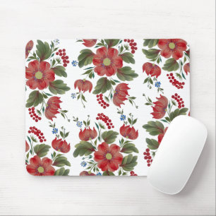 Mousepad Tapete de Rato Floral Vermelho e Verde Arte Folcló