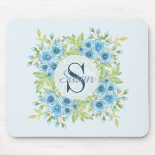 Mousepad Tapete do rato azul elegante do monograma da flor
