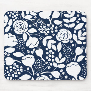 Mousepad Tapete do rato floral do azul marinho e o branco