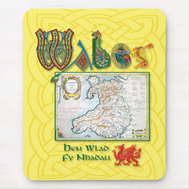Mousepad Tapete do rato histórico do mapa de Wales (Frente)