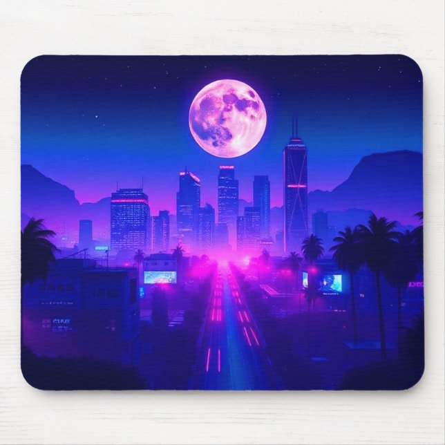 Mousepad Tapis de mesa de jogos Neon City Synthwave Sunset  (Frente)