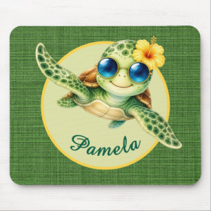 Mousepad Tartaruga Bebê Fofa com Óculos de Sol Azuis e Hibi