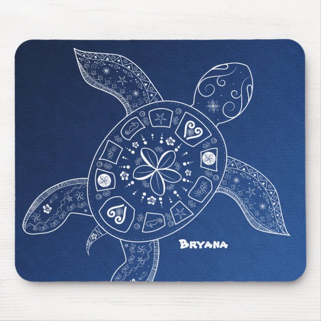 Mousepad Tartaruga do Mar Havaí branca em Blue Beach Tropic (Frente)