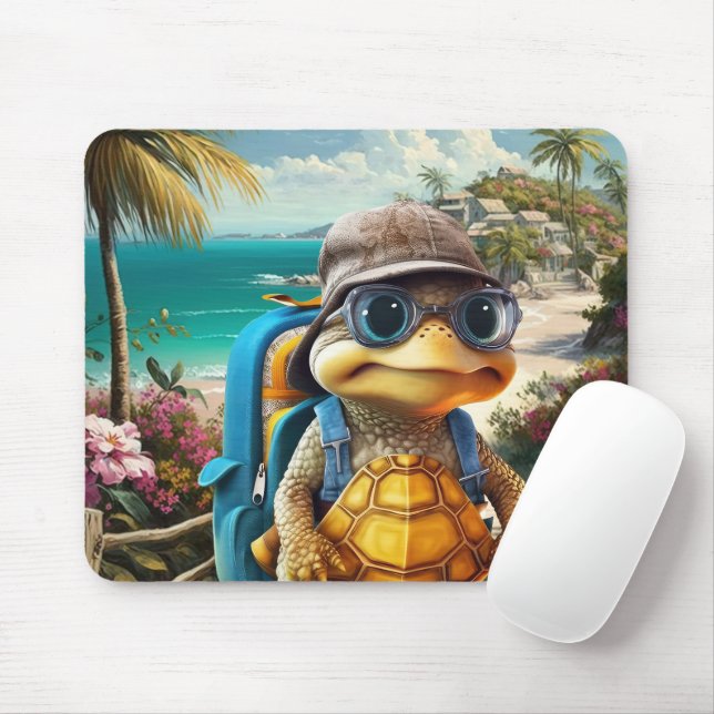 Mousepad Tartaruga Pequena Fofa Aventureira com Mochila, (Com mouse)