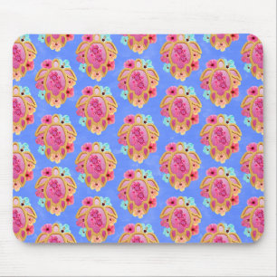Mousepad Tartarugas Tropicais De Ilha Azul Rosa Floral