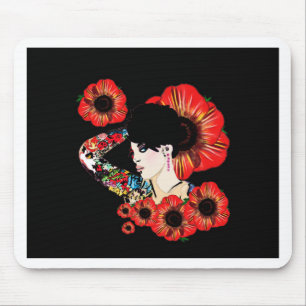 Mousepad Tattoo inked girl entre as flores de papoila Art b