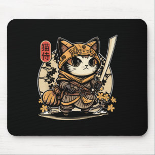 Mousepad Tatuagem de Gato Samurai Japonês, Kawaii Ninja Cat