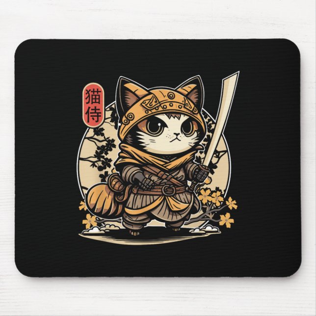 Mousepad Tatuagem de Gato Samurai Japonês, Kawaii Ninja Cat (Frente)