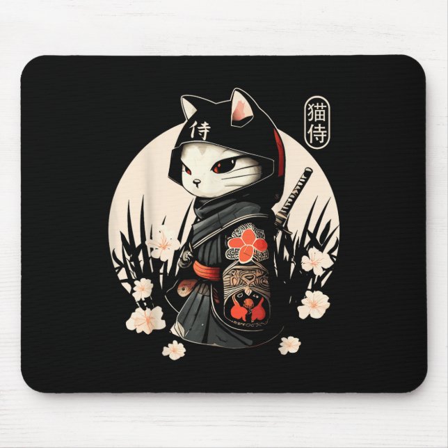 Mousepad Tatuagem de Gato Samurai Japonês, Kawaii Ninja Cat (Frente)