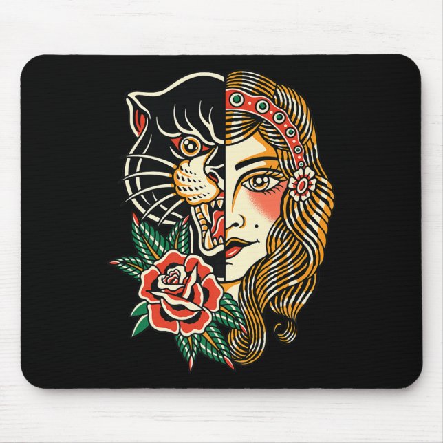 Mousepad Tatuagem Tradicional Americana de Pantera Cigana V (Frente)