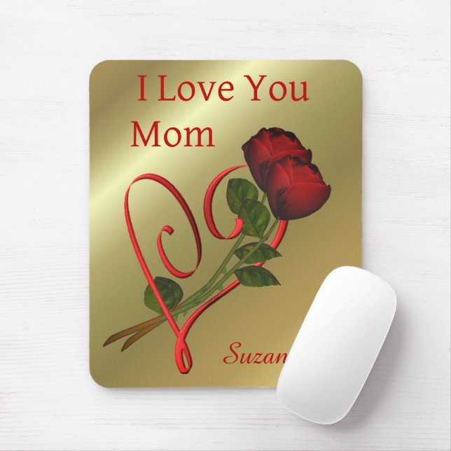 Mousepad Te Amo Mãe, Rosa vermelha Coração Personalizado (Com mouse)