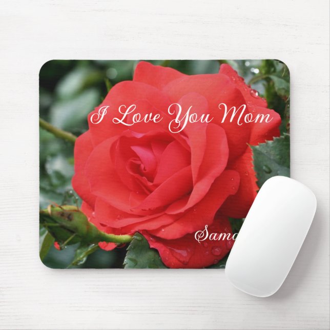 Mousepad Te Amo Mãe Rosa vermelha Flor Personalizado (Com mouse)