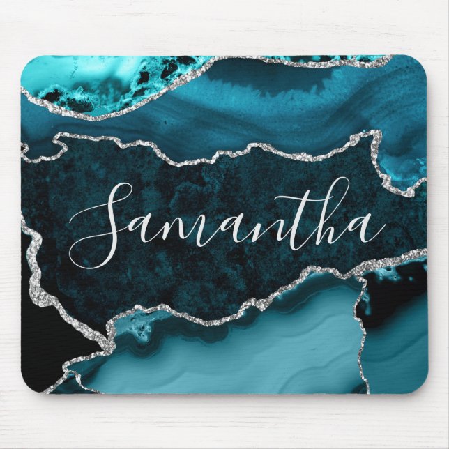 Mousepad Teal and Faux Silver Glitter Marble Agate (Frente)