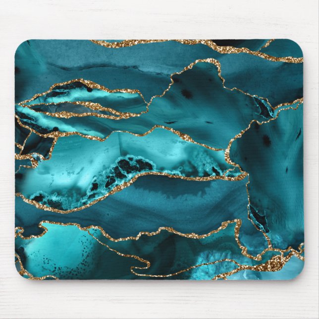 Mousepad Teal Blue and Gold Glitter Agate (Frente)