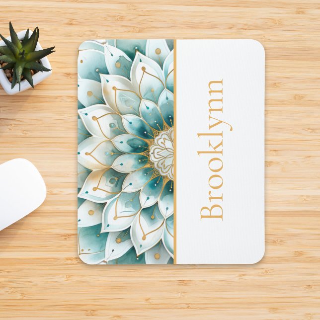 Mousepad Teal Blue Dourado Floral Mandala Personalizado (Criador carregado)