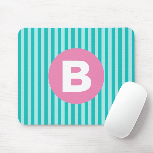 Mousepad Teal Blue Vertical Striped Pink Circle Monogram (Com mouse)