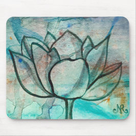 Mousepad Teal Blue Watercolor Flor Elegante Artsy Lotus