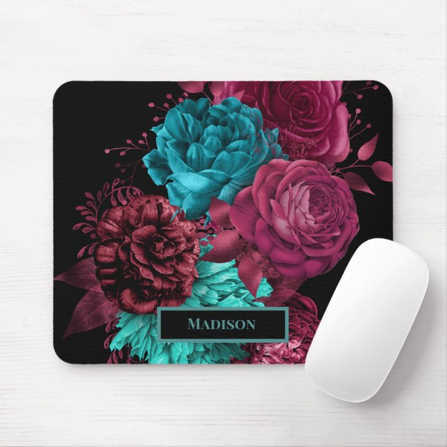 Mousepad Teal Borgonha Vermelha Elegante Flores Negras Mono (Com mouse)