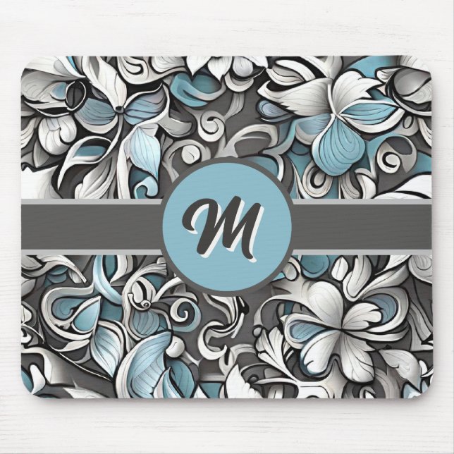 Mousepad Teal Cinza Abstrato Monogramado  (Frente)