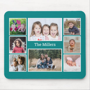 Mousepad Teal de Nome da Família de Colagem de Fotos Perso