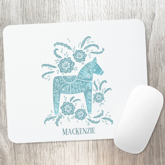 Mousepad Teal de Nome Personalizado Dala Horse Sueco (Swedish Dala Horse personalized name teal green art mousemat)