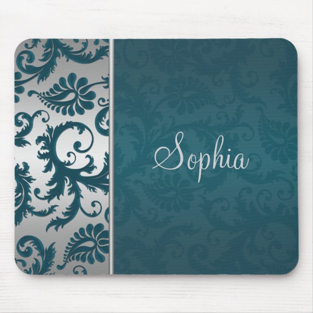 Mousepad Teal e Silver Damask (Frente)
