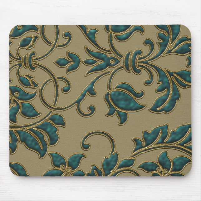 Mousepad Teal em Tan Satin Damask (Frente)