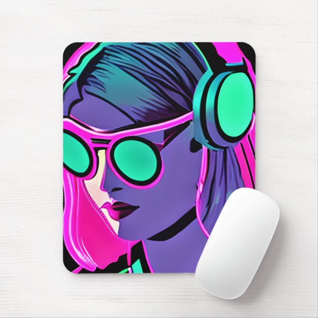 Mousepad Teal, Roxo, Senhora Psicodélica Rosa em Fones de o (Com mouse)