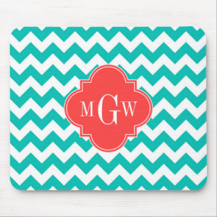 Mousepad Teal White Chevron Coral Quatrefoil 3 Monograma