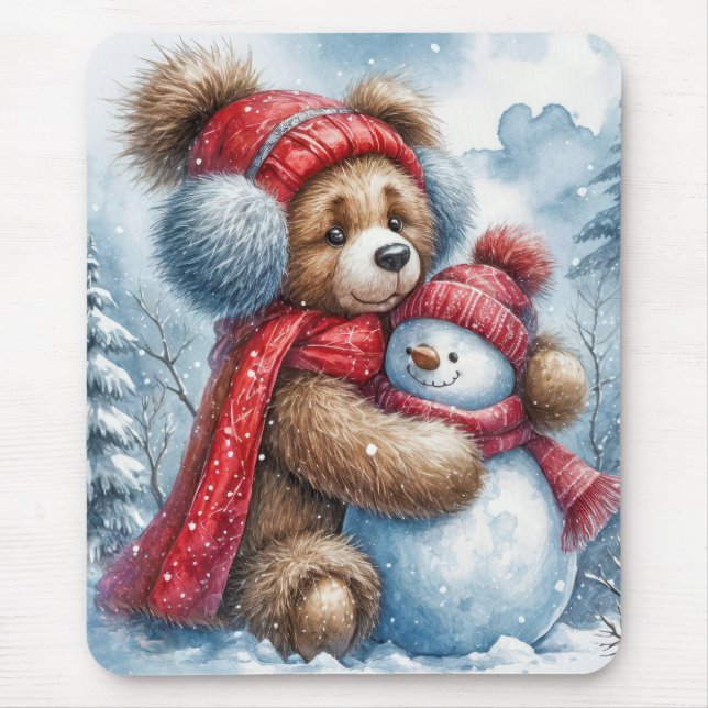 Mousepad Teddy Bear Hugging a Snowman (Frente)
