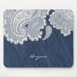 Mousepad Tela de Mouse Elegante de Jean Denim e Renda Branc