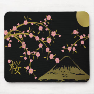 Mousepad Tela Japonesa Rosa Sakura Dourado Preto