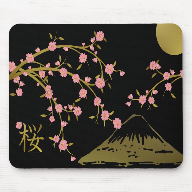 Mousepad Tela Japonesa Rosa Sakura Dourado Preto (Frente)