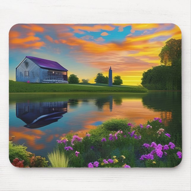 Mousepad Telhado roxo de fazenda grande no pôr do sol (Frente)