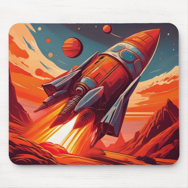 Mousepad Tema de Desenho Animado Foguete Espacial Retro dos (Frente)