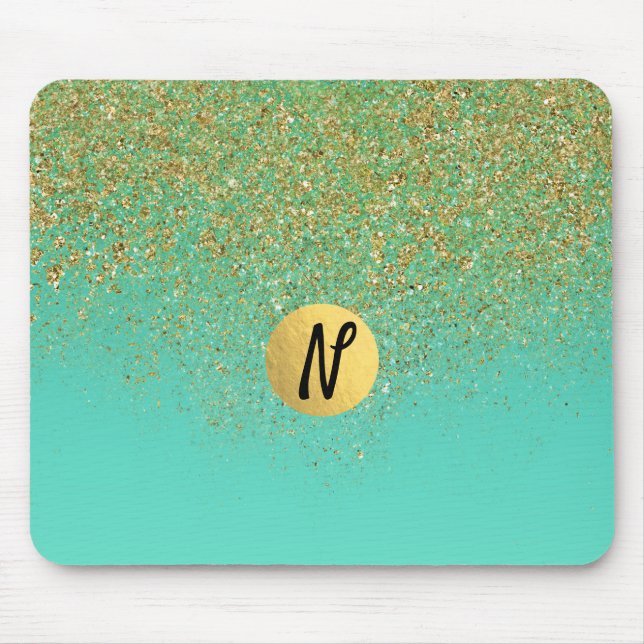 Mousepad Tendência Dourada de Glitter e Aqua Glam em Cascat (Frente)