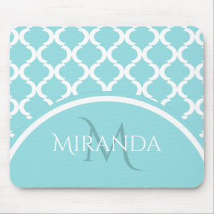 Mousepad Tendência Grande Aqua Quatrefoil Monongrama e Nome