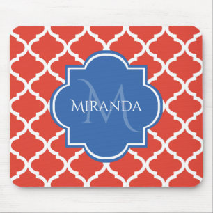Mousepad Tendência Red Quatrefoil Blue Monograma e Nome