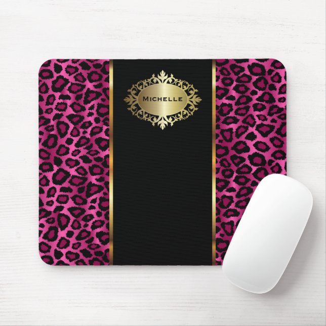 Mousepad Tendy Hot Pink Leopard Animal com Destaques Dourad (Com mouse)