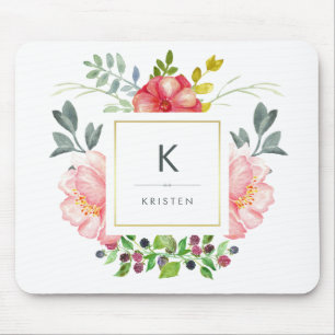 Mousepad Tendy Watercolor Peony Flowers Monograma Feminino