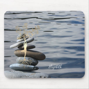 Mousepad Terapeuta Pedras Zen, Silhueta da Árvore Dourada,
