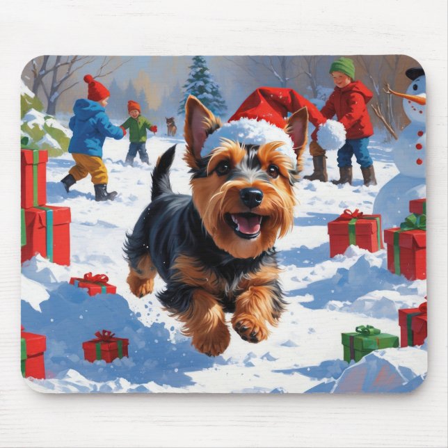 Mousepad Terrier escocês correndo neve com chapéu de Natal (Frente)