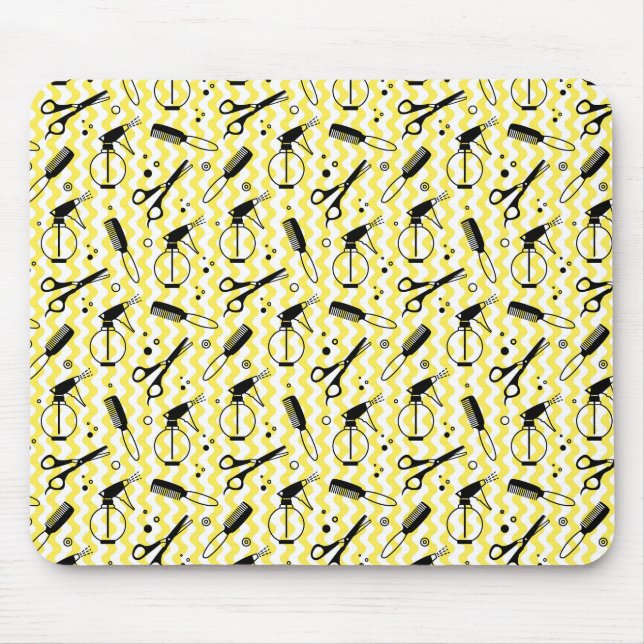 Mousepad Teste padrão amarelo da ferramenta do cabeleireiro (Frente)