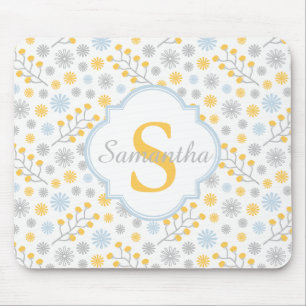 Mousepad Teste padrão amarelo do monograma & cinzento azul