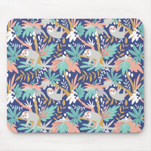 Mousepad Teste padrão azul tropical da preguiça (Frente)
